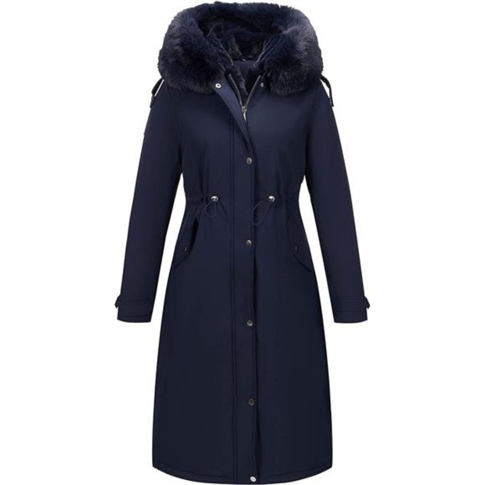 Women's Puffer Jacket Hooded with Fur Collar Padded Coat - Blue